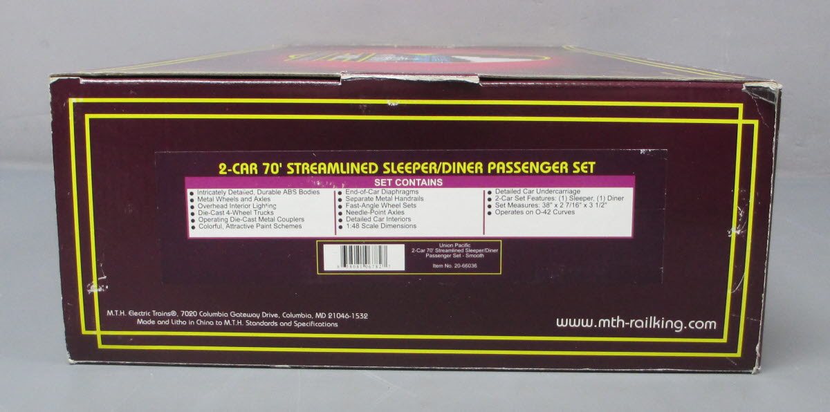 MTH 20-66036 O UP 70' Streamlined Sleeper/Diner Passenger Car Set (Set of 2) LN/Box