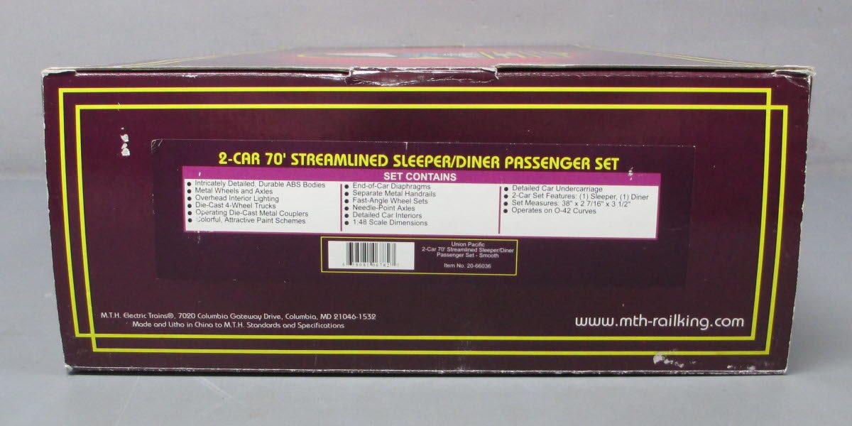 MTH 20-66036 O UP 70' Streamlined Sleeper/Diner Passenger Car Set (Set of 2) LN/Box