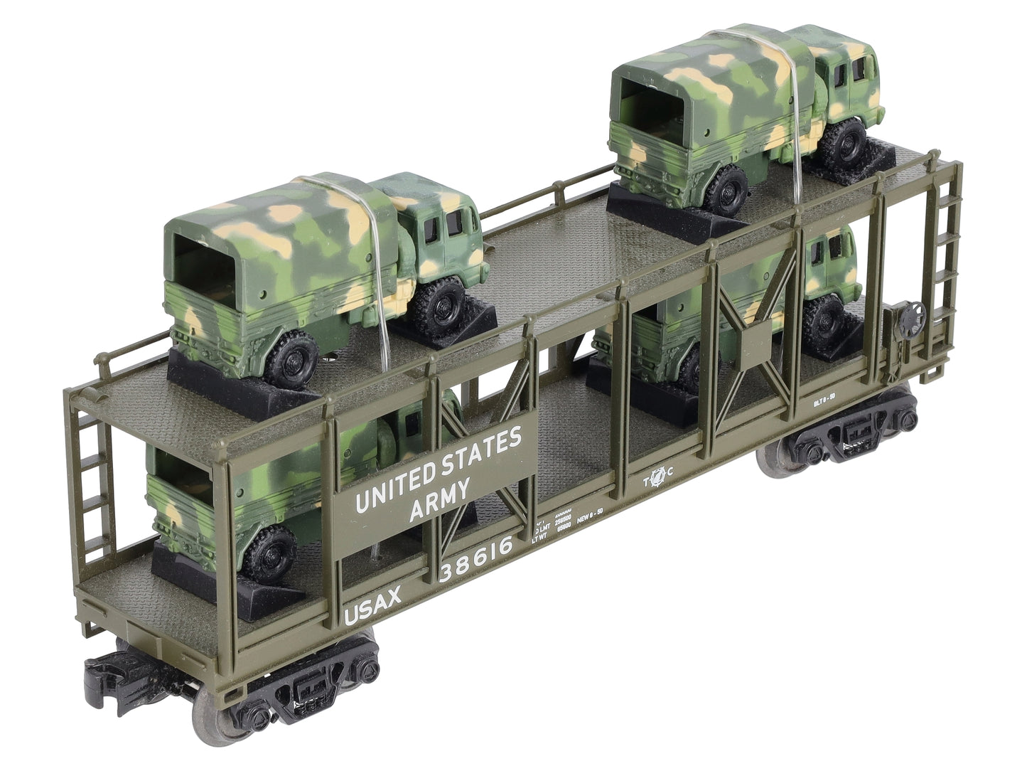 MTH 30-76559 O US Army Auto Carrier Flat Car w/4 Mini Army Trucks #38616