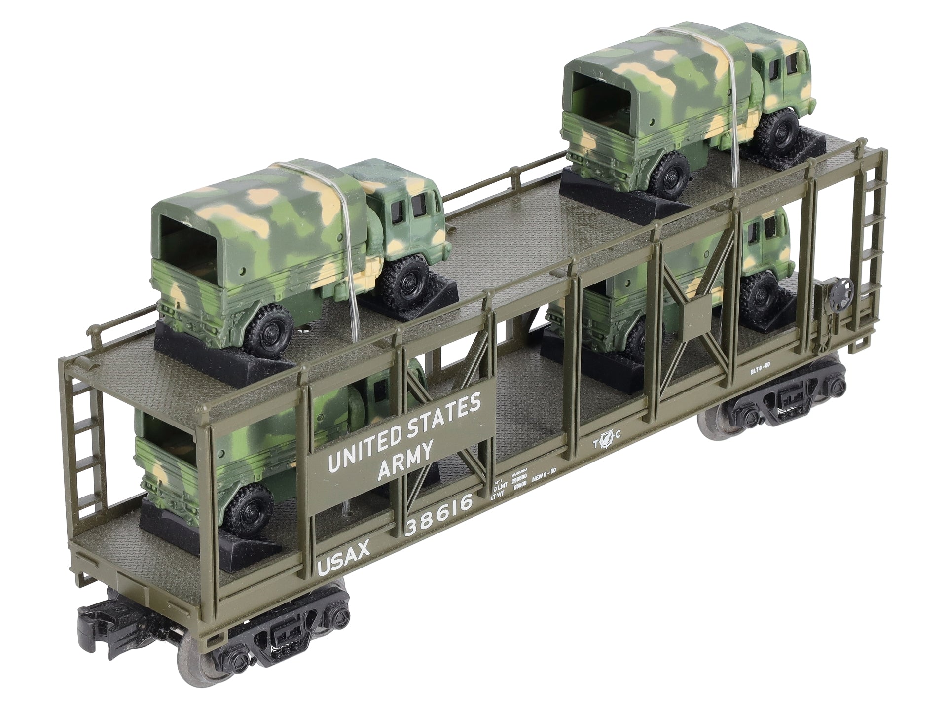 MTH 30-76559 O US Army Auto Carrier Flat Car w/4 Mini Army Trucks #38616