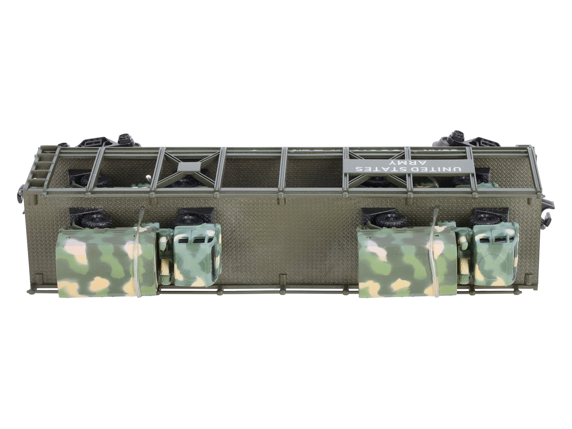 MTH 30-76559 O US Army Auto Carrier Flat Car w/4 Mini Army Trucks #38616