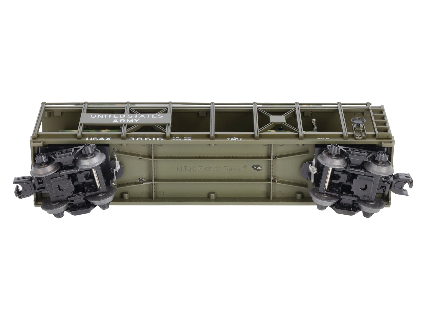 MTH 30-76559 O US Army Auto Carrier Flat Car w/4 Mini Army Trucks #38616