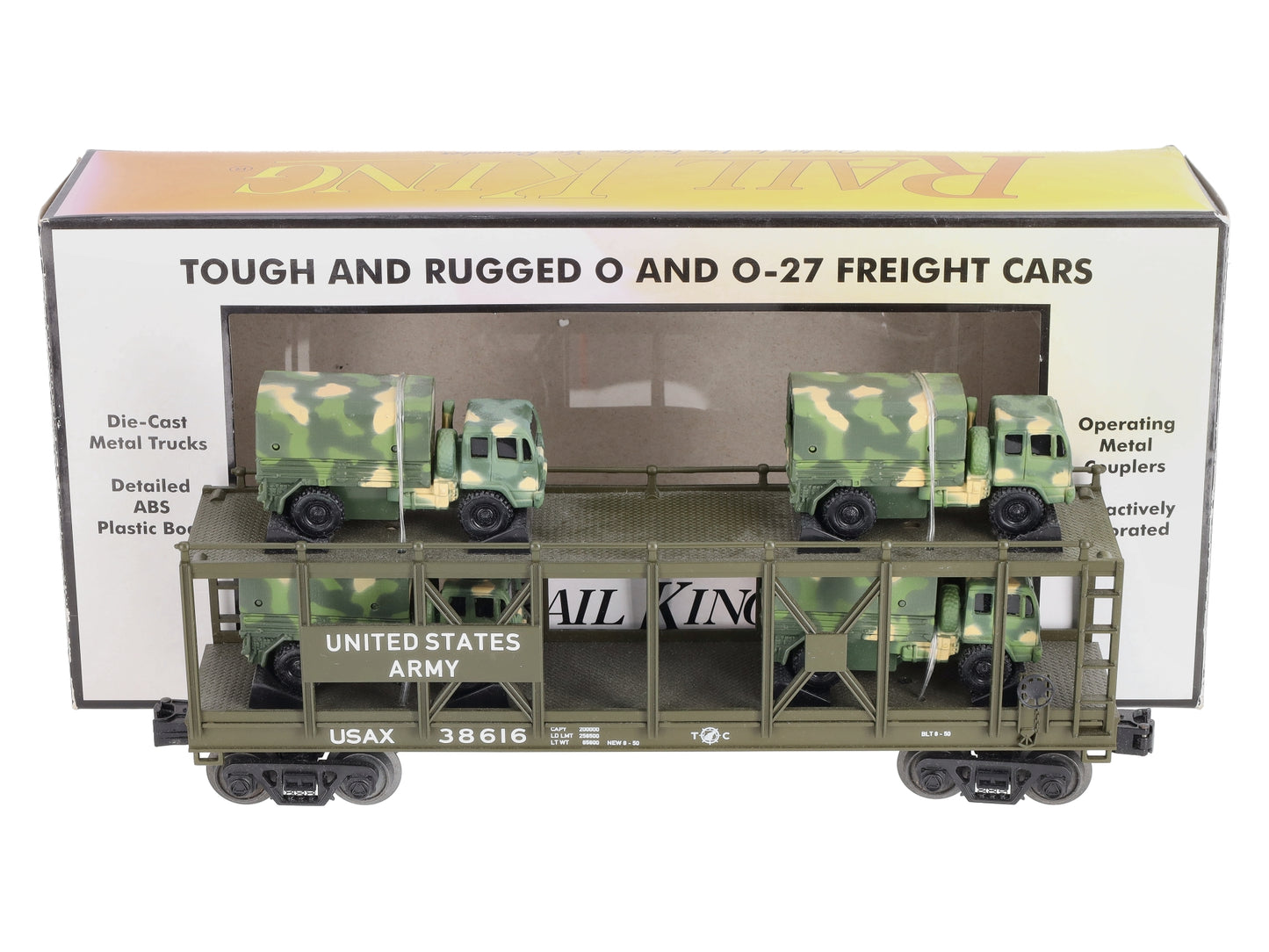 MTH 30-76559 O US Army Auto Carrier Flat Car w/4 Mini Army Trucks #38616