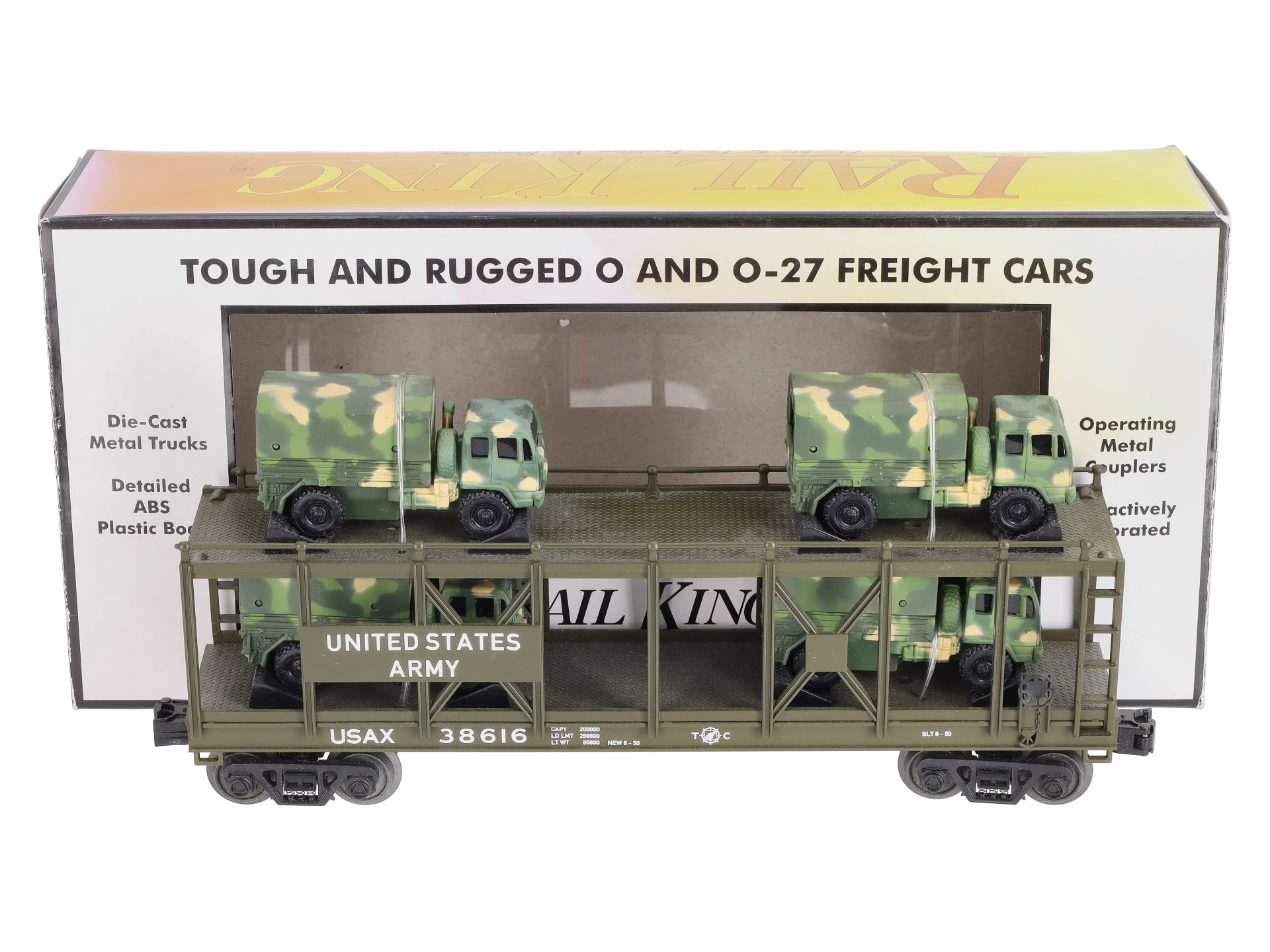 MTH 30-76559 O US Army Auto Carrier Flat Car w/4 Mini Army Trucks #38616