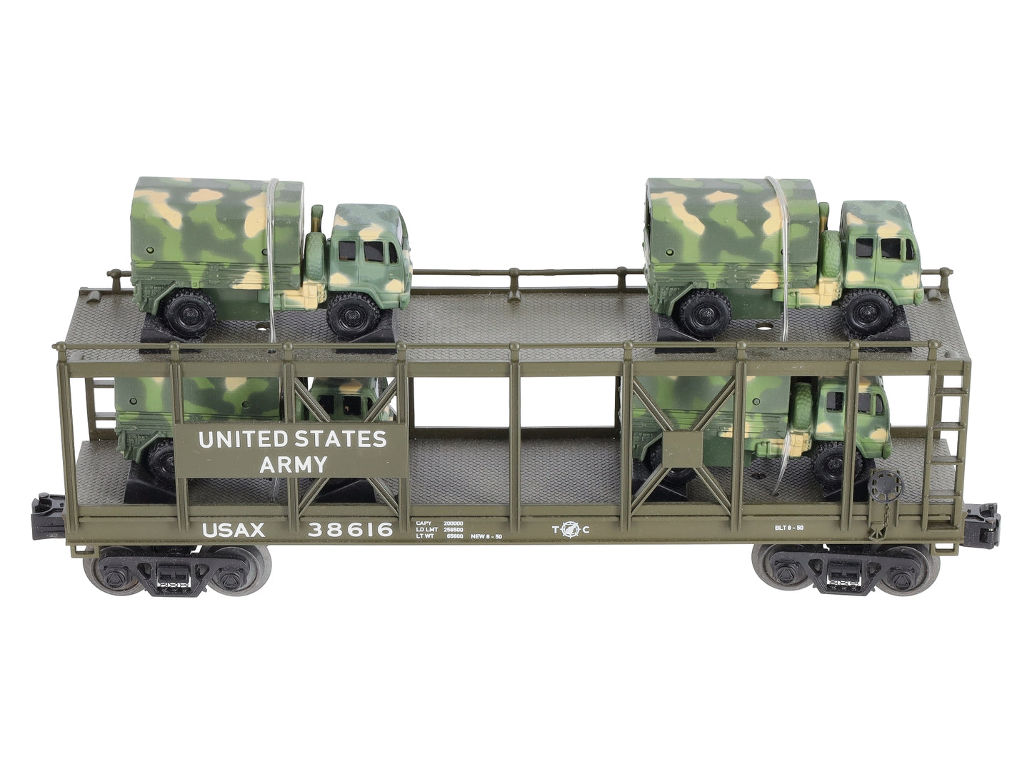 MTH 30-76559 O US Army Auto Carrier Flat Car w/4 Mini Army Trucks #38616