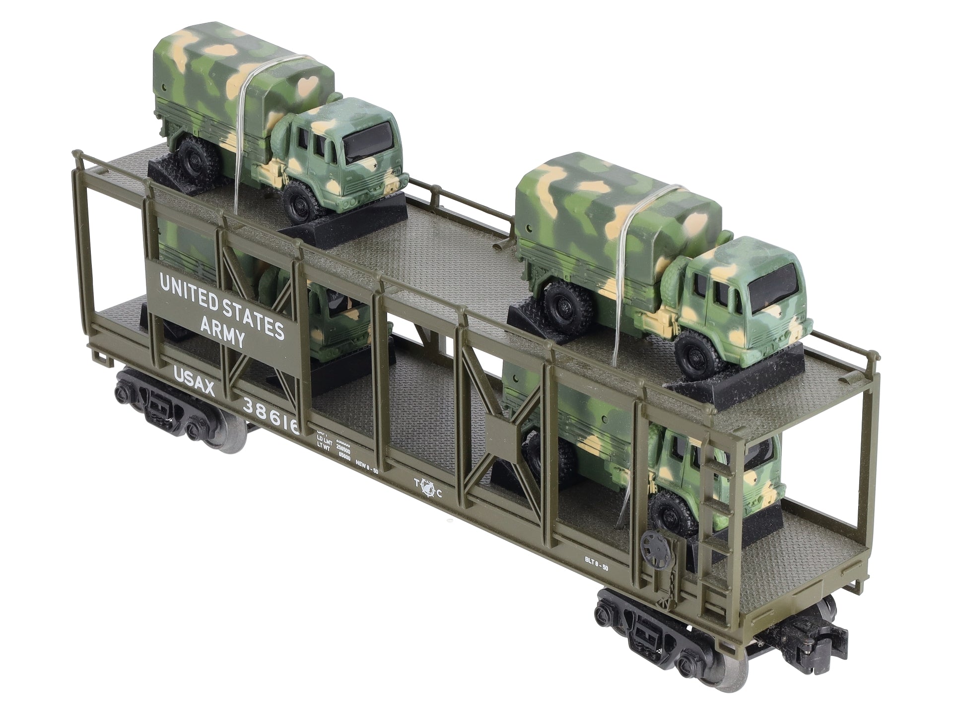 MTH 30-76559 O US Army Auto Carrier Flat Car w/4 Mini Army Trucks #38616