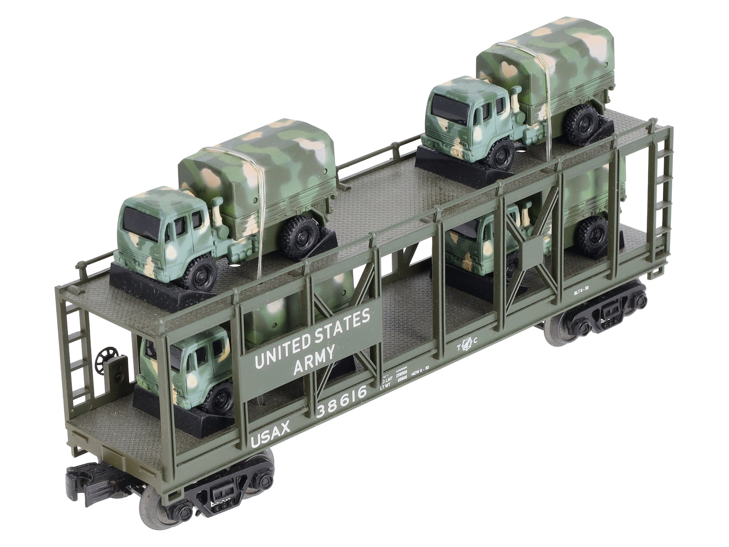 MTH 30-76559 O US Army Auto Carrier Flat Car w/4 Mini Army Trucks #38616