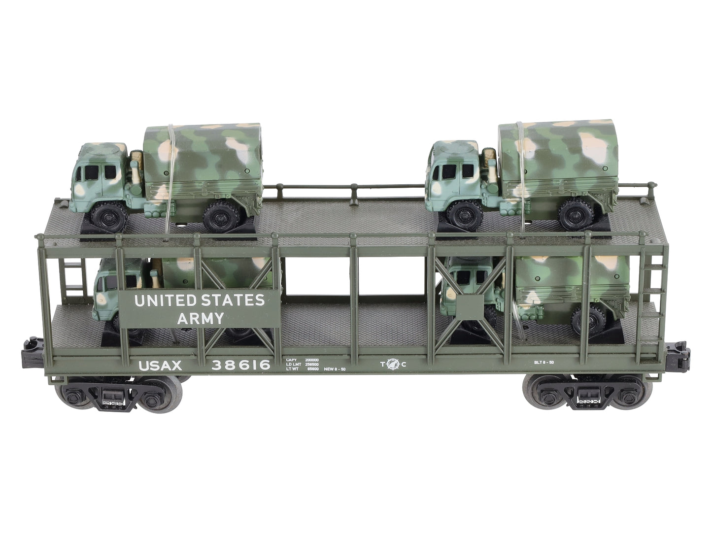 MTH 30-76559 O US Army Auto Carrier Flat Car w/4 Mini Army Trucks #38616