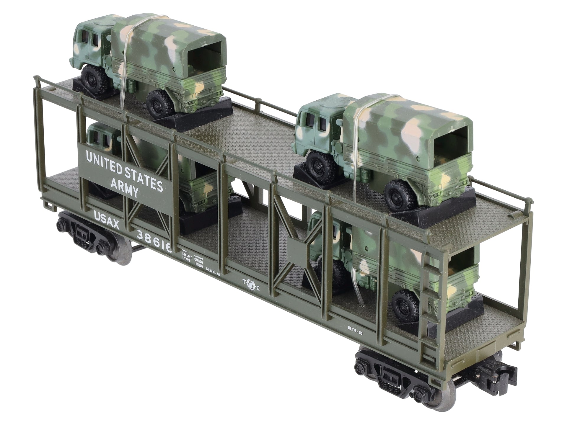 MTH 30-76559 O US Army Auto Carrier Flat Car w/4 Mini Army Trucks #38616