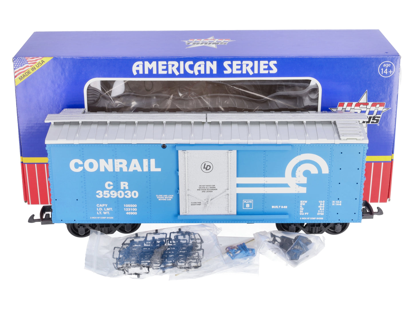 USA Trains R19047B G Conrail Simulated Steel Box Car #359030 (Blue/Silver)