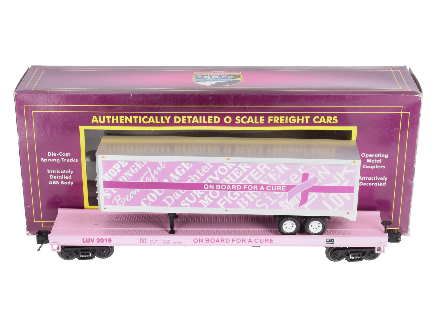 MTH 20-95396 O Cancer Awareness Flat Car w/ 40' Trailer #2019
