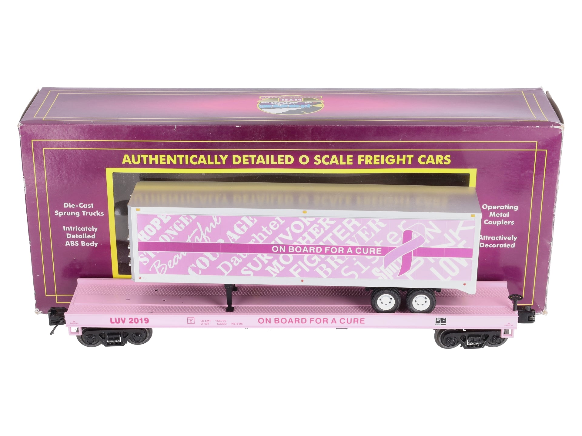 MTH 20-95396 O Cancer Awareness Flat Car w/ 40' Trailer #2019