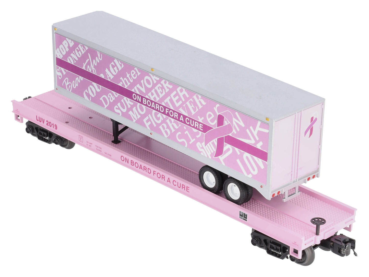 MTH 20-95396 O Cancer Awareness Flat Car w/ 40' Trailer #2019