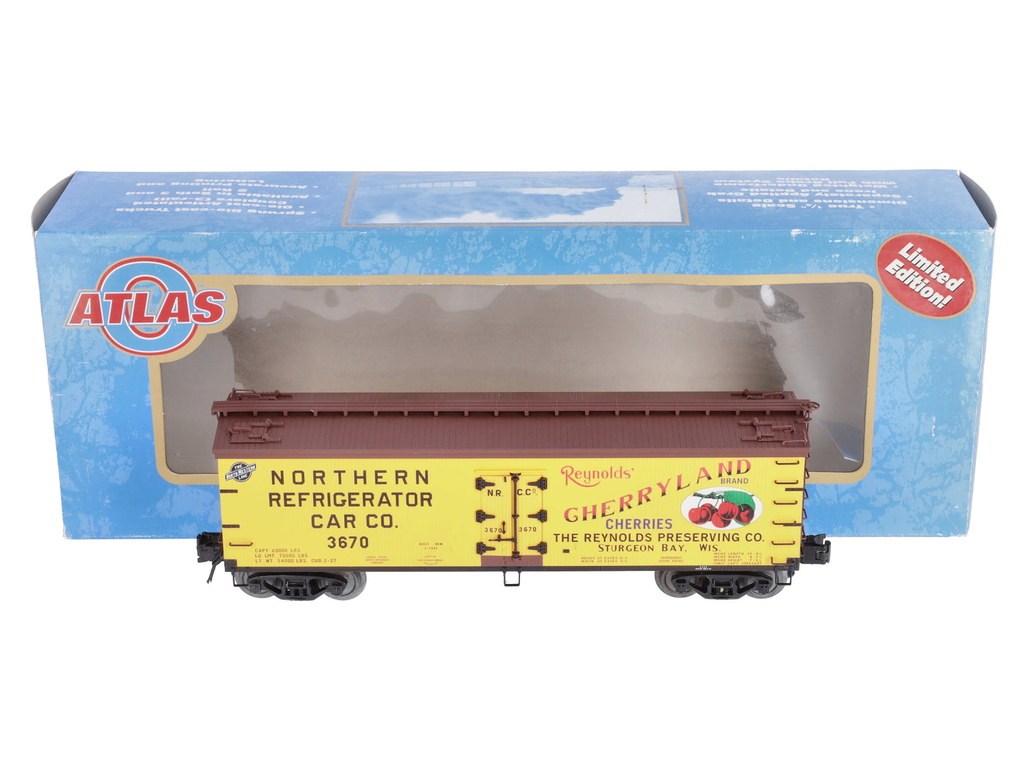 Atlas 8109-1 O Gauge Cherryland 40' Woodside Reefer Car #3670 (3 Rail) NIB