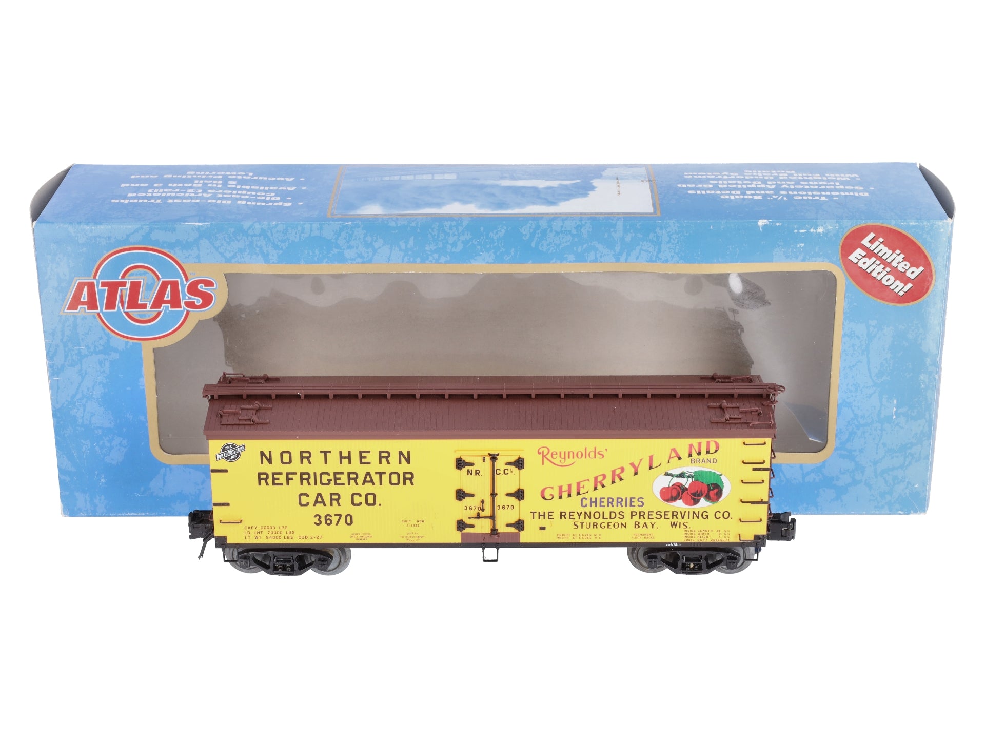 Atlas 8109-1 O Gauge Cherryland 40' Woodside Reefer Car #3670 (3 Rail) NIB