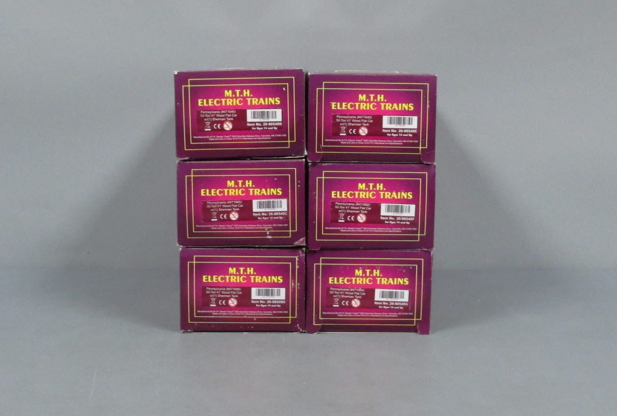 MTH 20-90549 Pennsylvania 50-ton 41' Wood Flatcars w/Sherman Tanks (Set of 6) LN/Box