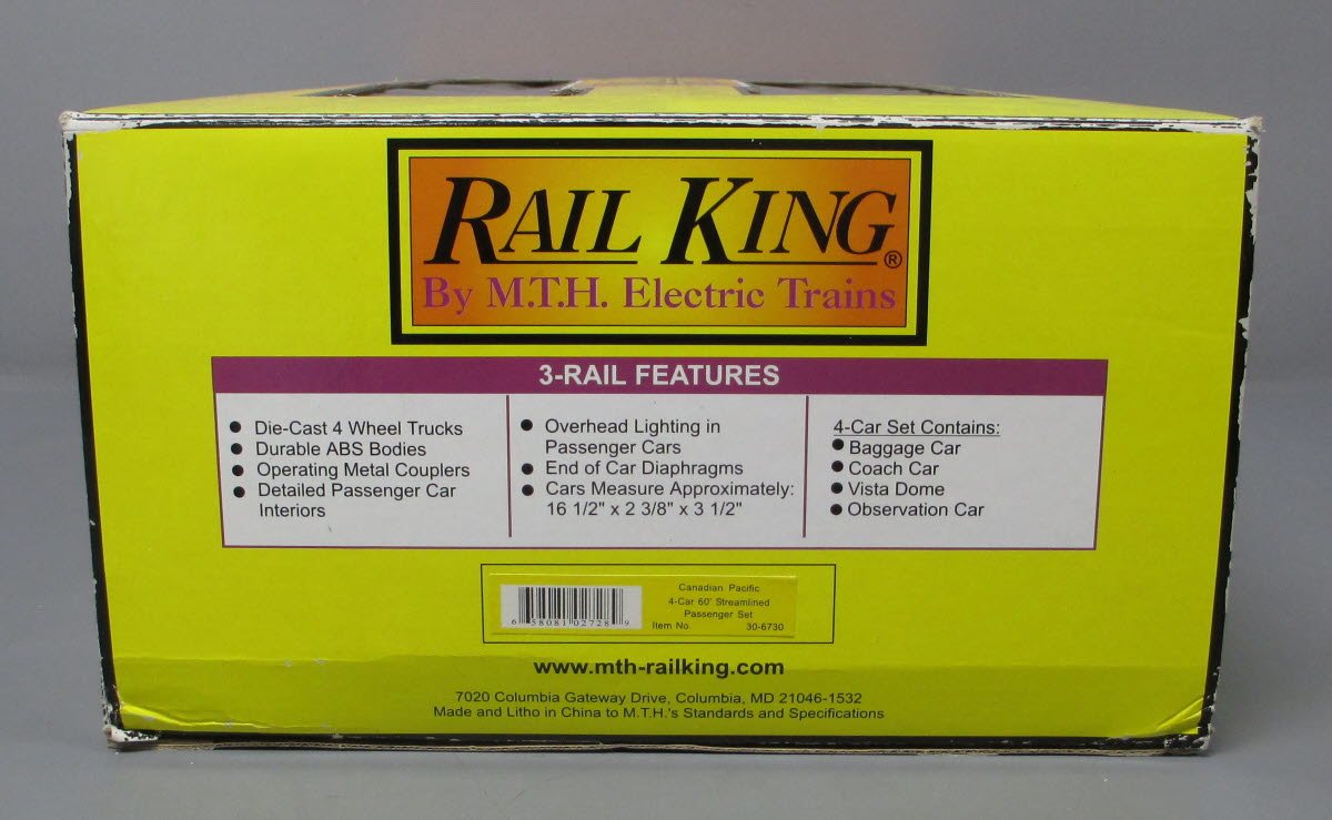 MTH 30-6730 O Canadian Pacific RailKing 60' Streamlined Passenger Set (Set of 4) LN/Box