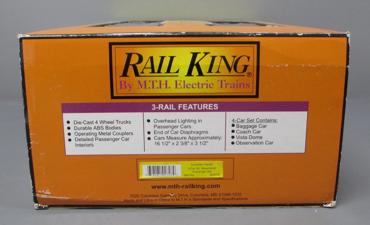 MTH 30-6730 O Canadian Pacific RailKing 60' Streamlined Passenger Set (Set of 4) LN/Box