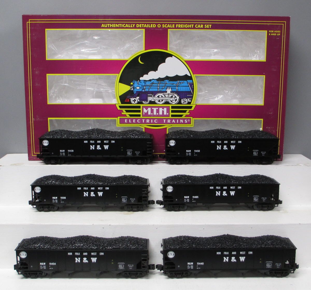 MTH 20-97062 O Gauge Norfolk & Western 4-Bay Hopper With coal Load 6-Car Set NIB