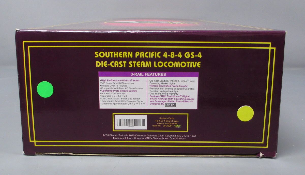 MTH 20-3029-1 O SP 4-8-4 GS-4 Die-Cast Steam Locomotive & Tender w/PS1 #4449 LN/Box