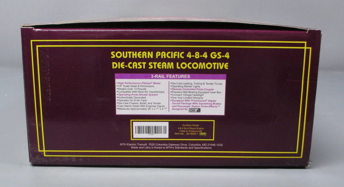 MTH 20-3029-1 O SP 4-8-4 GS-4 Die-Cast Steam Locomotive & Tender w/PS1 #4449 LN/Box