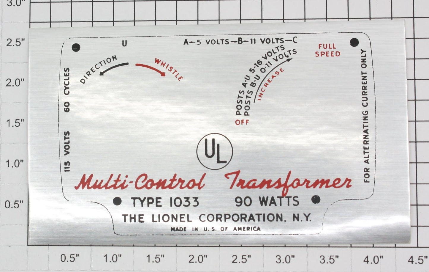 Lionel 1033-25S Transformer Nameplate Sticker Label