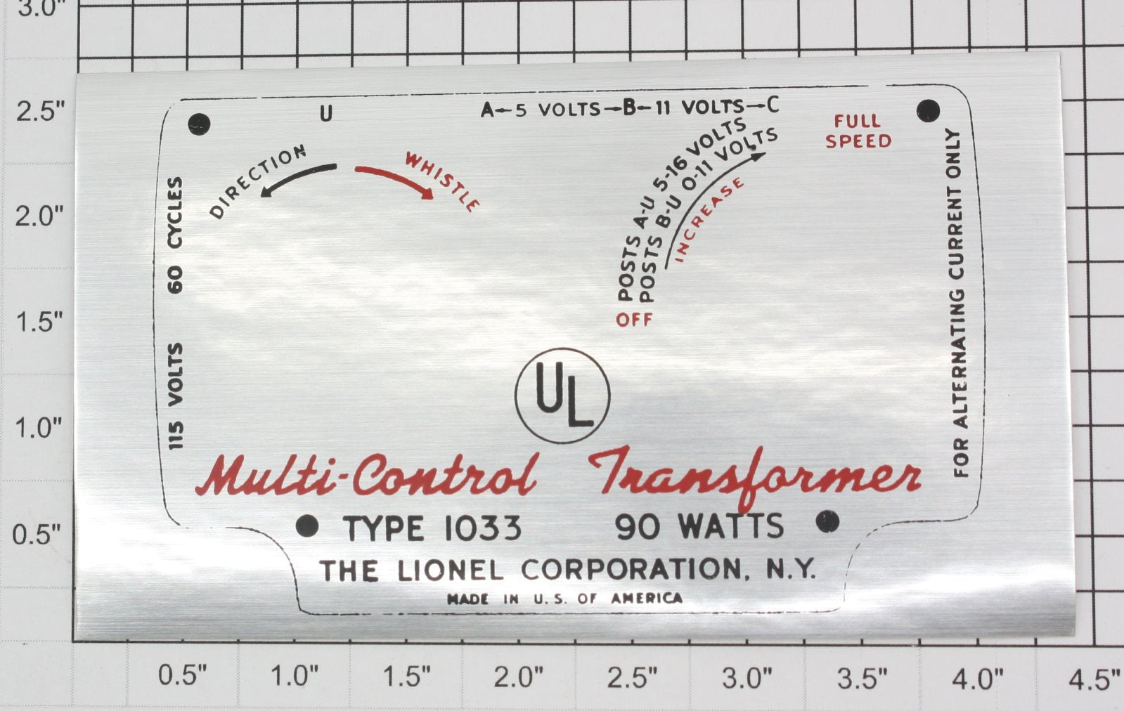 Lionel 1033-25S Transformer Nameplate Sticker Label