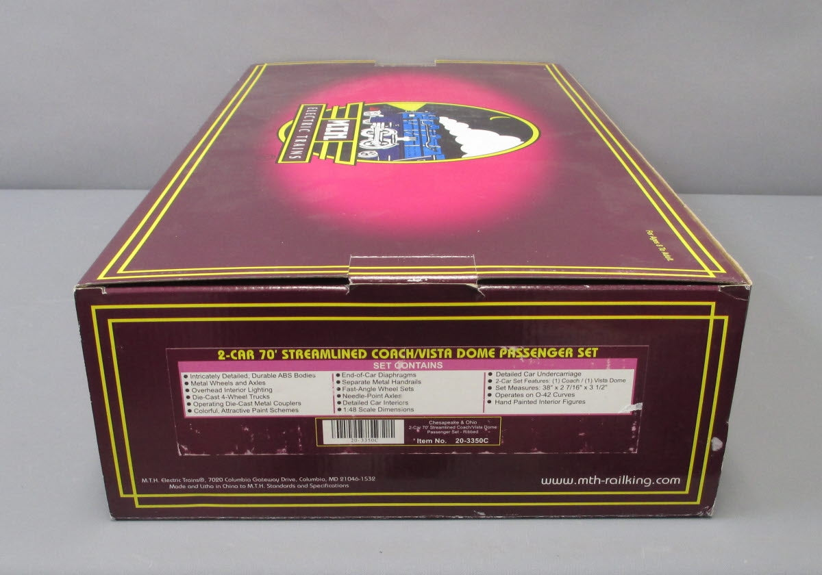 MTH 20-3350C O Chesapeake & Ohio 70' Coach/Vista Dome Passenger Set (Set of 2) LN/Box