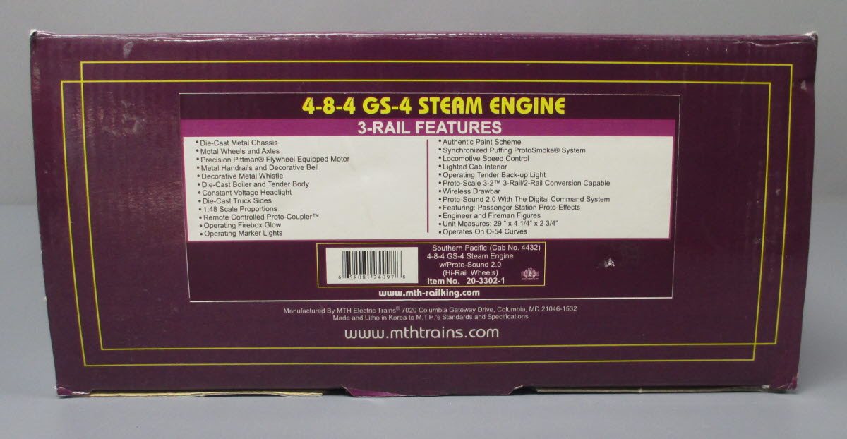 MTH 20-3302-1 O SP 4-8-4 GS-4 Steam Engine w/PS2 (Hi-Rail Wheels) #4432
