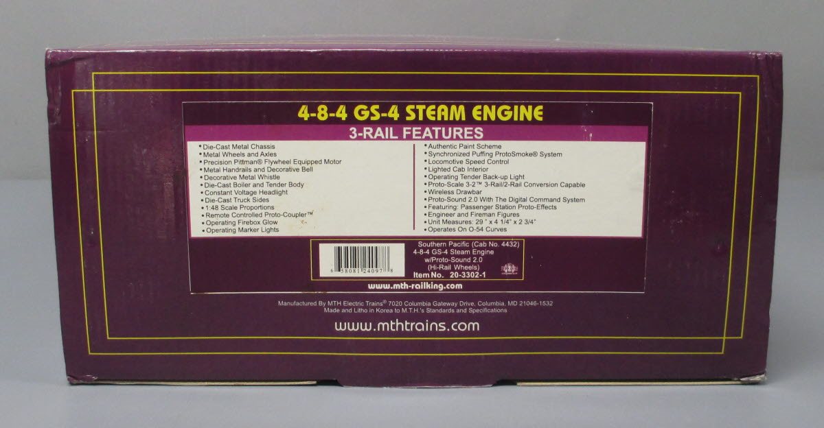MTH 20-3302-1 O SP 4-8-4 GS-4 Steam Engine w/PS2 (Hi-Rail Wheels) #4432