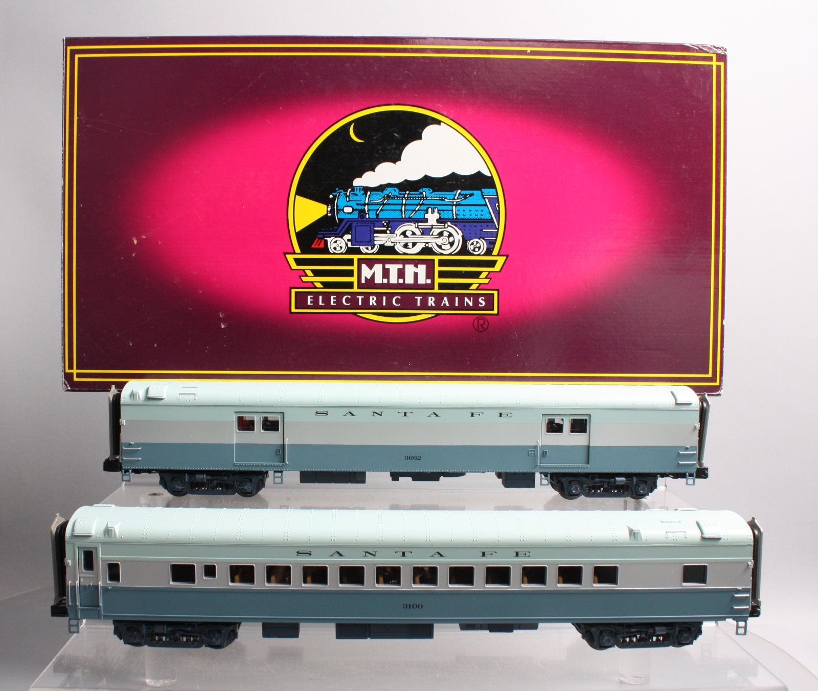 MTH 20-69170 O Santa Fe Blue Goose 70' ABS Streamlined Baggage/Coach 2-Car Set LN/Box
