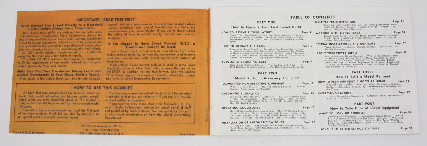Lionel 1953-1 How to Operate Lionel Trains and Accessories Service Manual