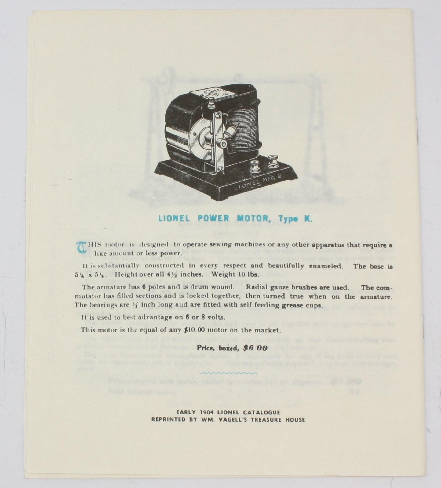 Lionel 1904-A Vintage Reprinted Lionel 1904 Early Catalog