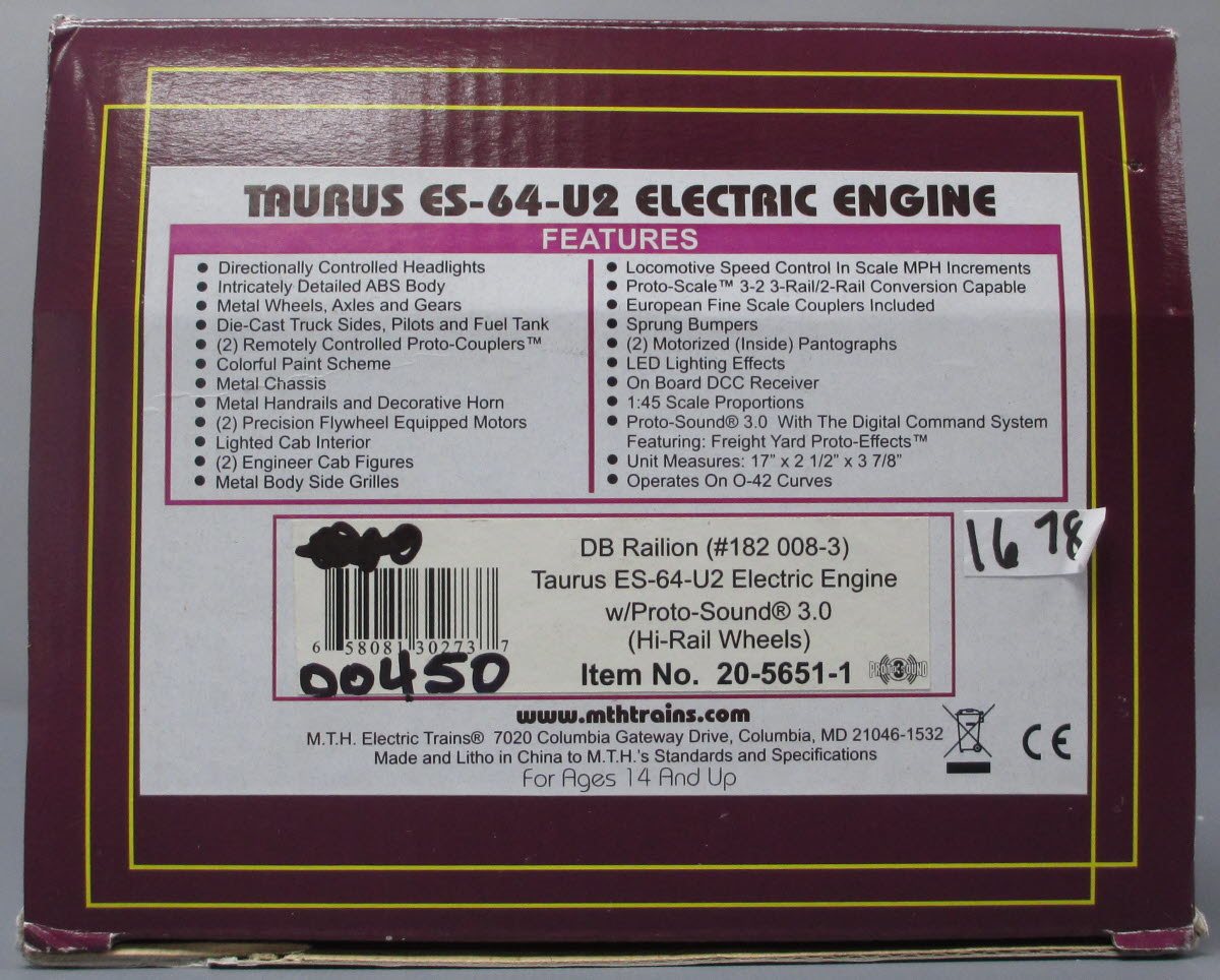 MTH 20-5651-1 Railion ES-64-U2 Electric Locomotive w/PS3 #182-002-6