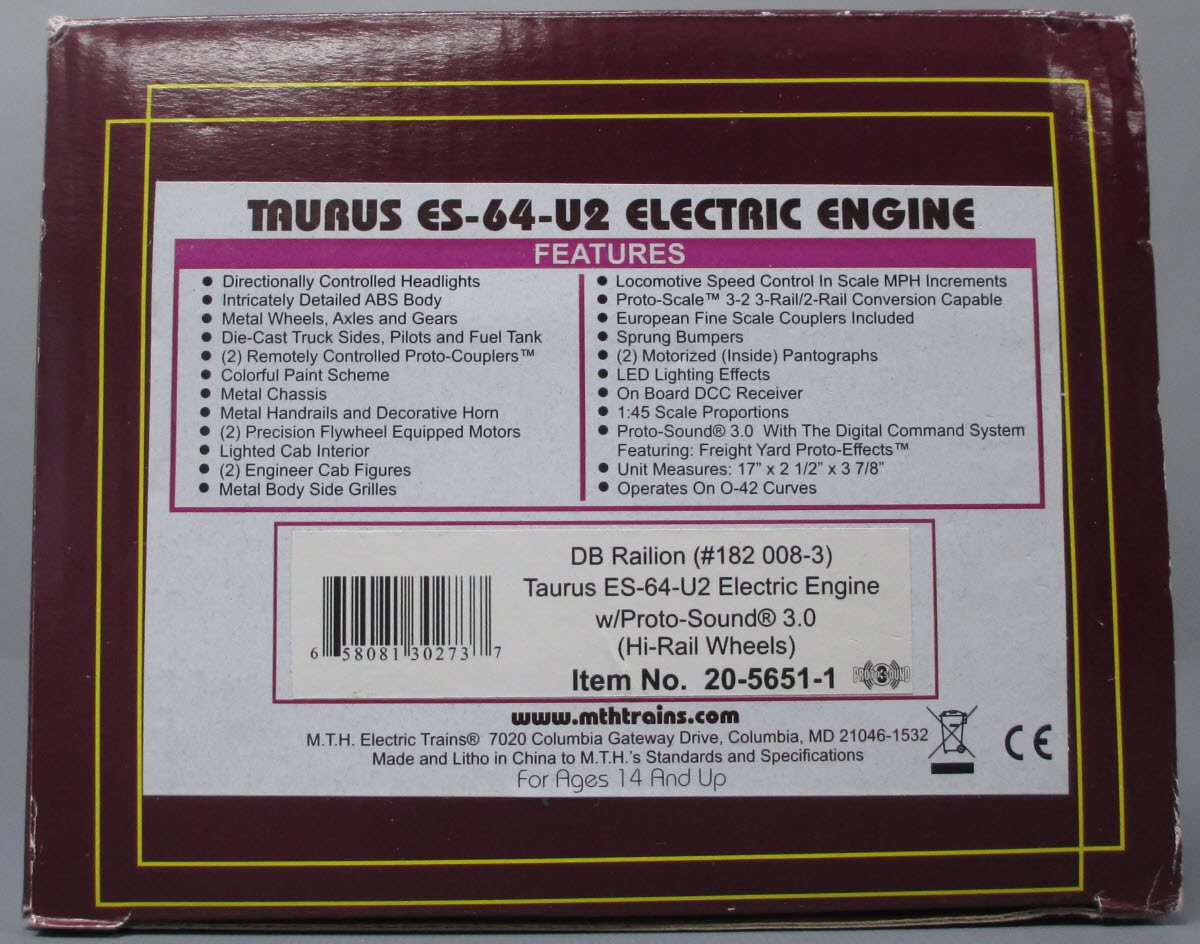 MTH 20-5651-1 Railion ES-64-U2 Electric Locomotive w/PS3 #182-002-6