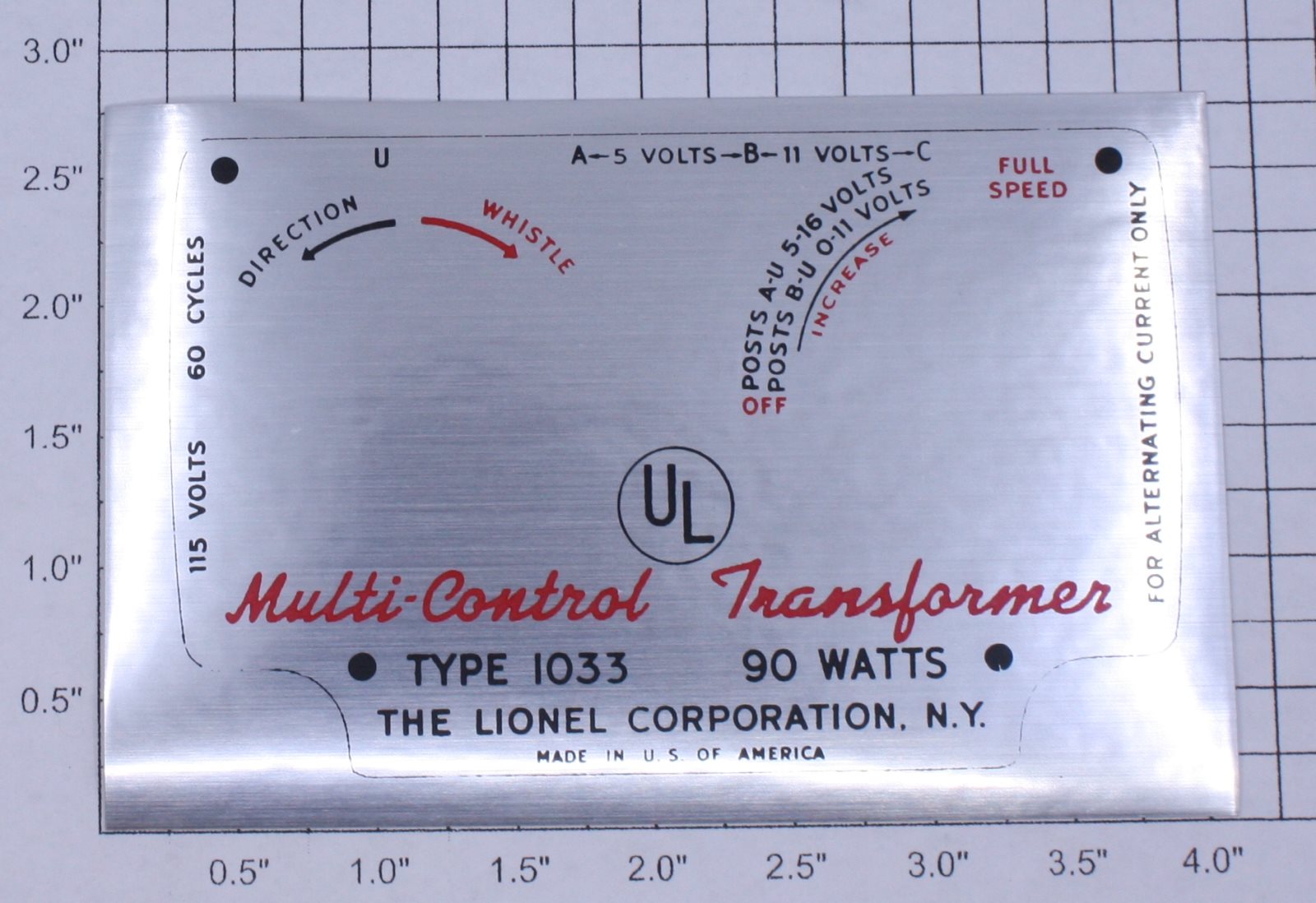 Lionel 1033-25 90 Watt Transformer Nameplate Adhesive Decal