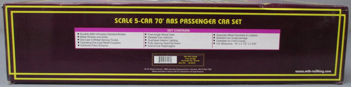 MTH 20-6576 O Gauge New York Central 70' Streamlined Passenger 5-Car Set LN/Box