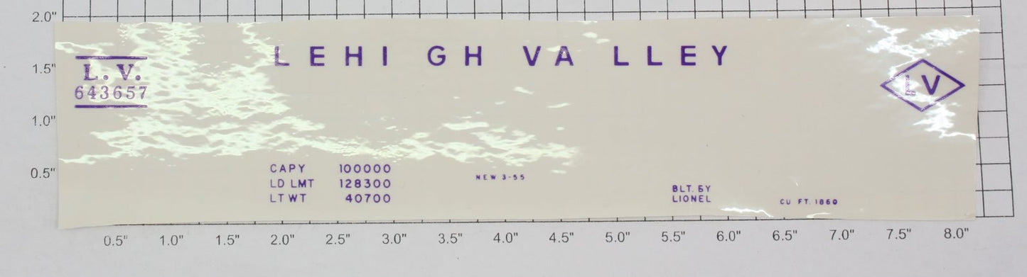 Lionel 6436-57 Purple Lettering Lehigh Valley Sticker Decal for Side Car