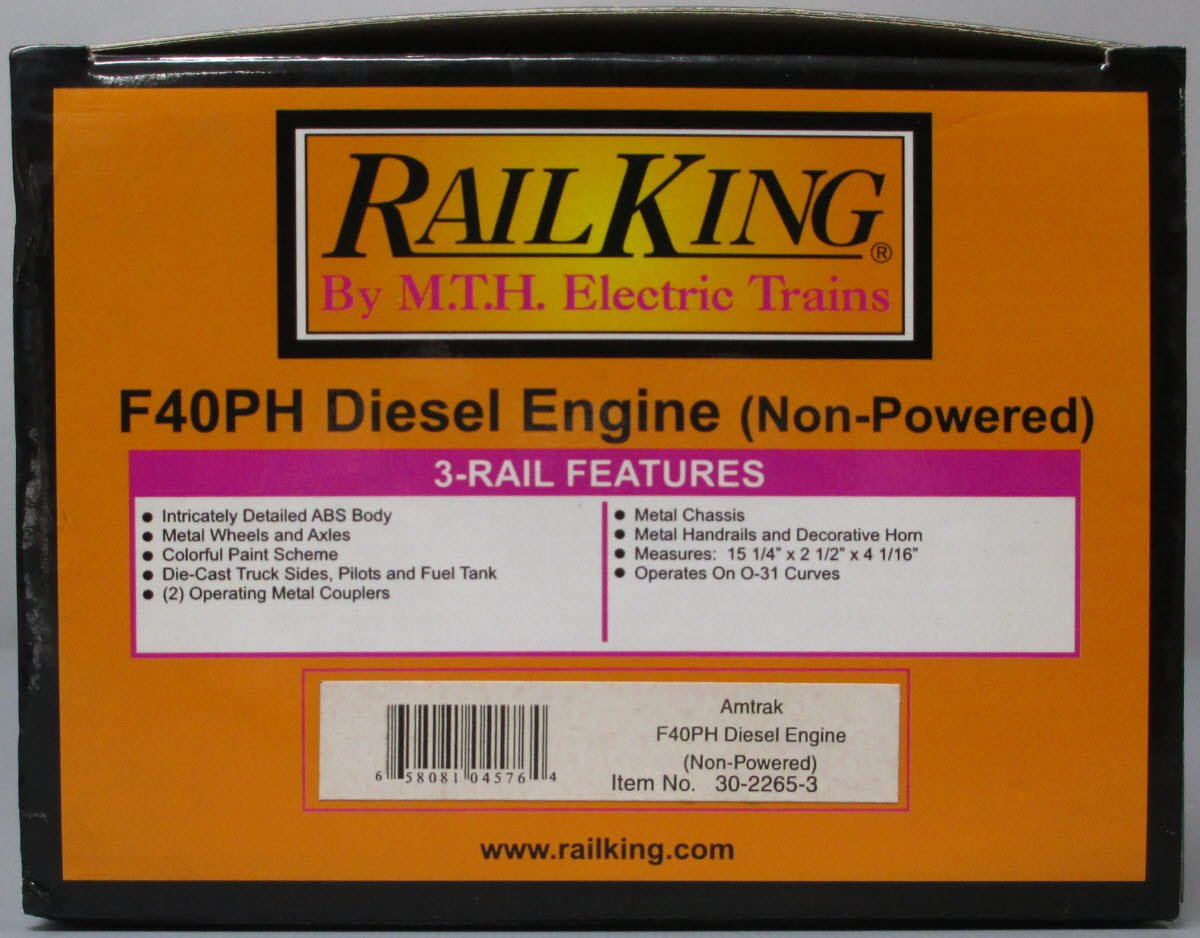 MTH 30-2265-3 Amtrak F40PH A-Unit Non-Powered Diesel Engine #391 LN/Box