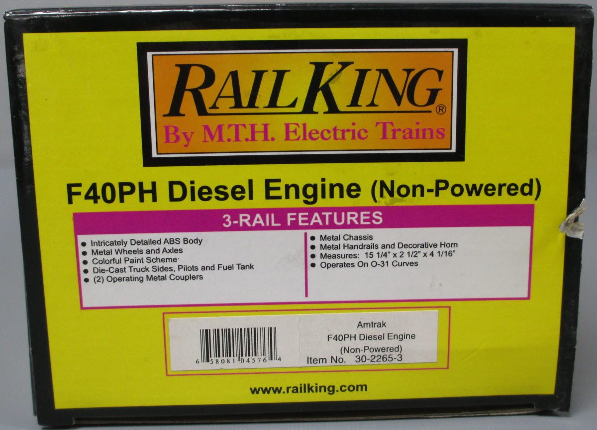 MTH 30-2265-3 Amtrak F40PH A-Unit Non-Powered Diesel Engine #391 LN/Box