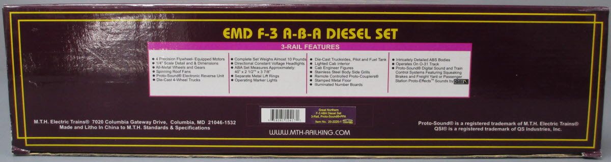 MTH 20-2220-1 O Gauge GN F3 ABA Diesel Engine Set w/PS1 #352-A/352-B/352-C LN/Box