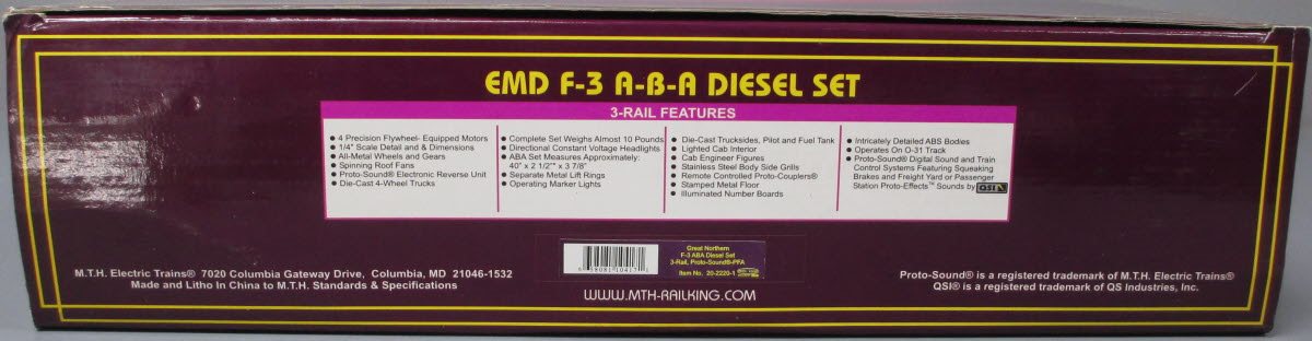 MTH 20-2220-1 O Gauge GN F3 ABA Diesel Engine Set w/PS1 #352-A/352-B/352-C LN/Box