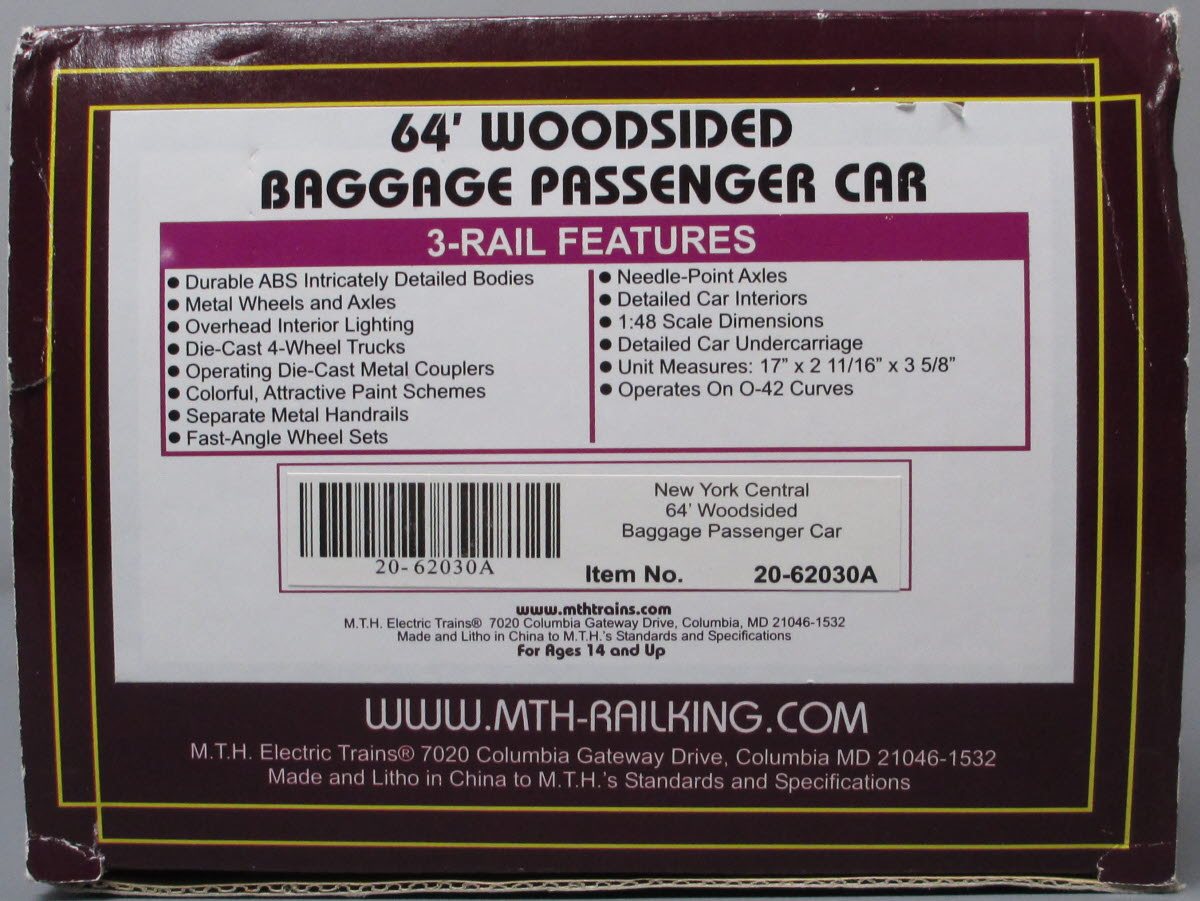MTH 20-62030A O Gauge New York Central 64' Woodsided Baggage Passenger Car #60 LN/Box