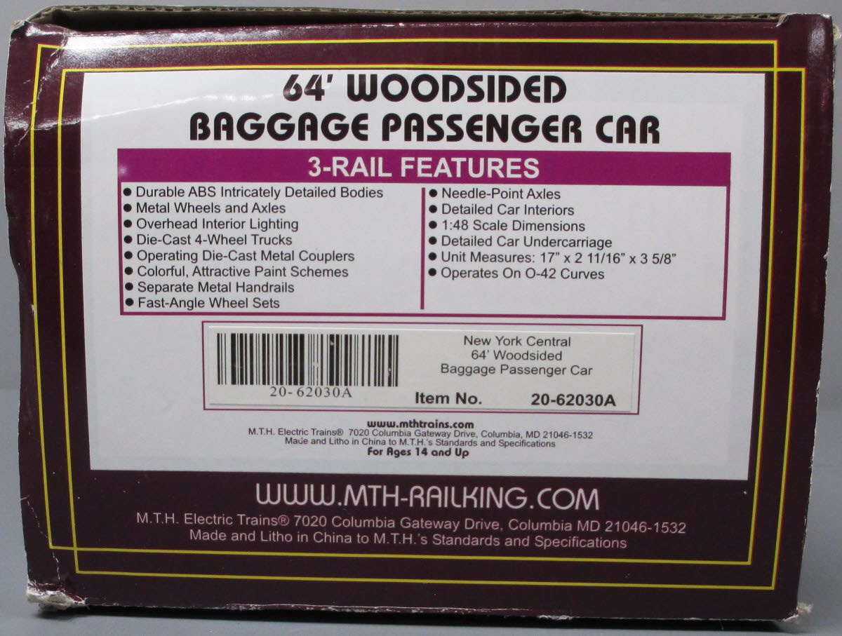 MTH 20-62030A O Gauge New York Central 64' Woodsided Baggage Passenger Car #60 LN/Box