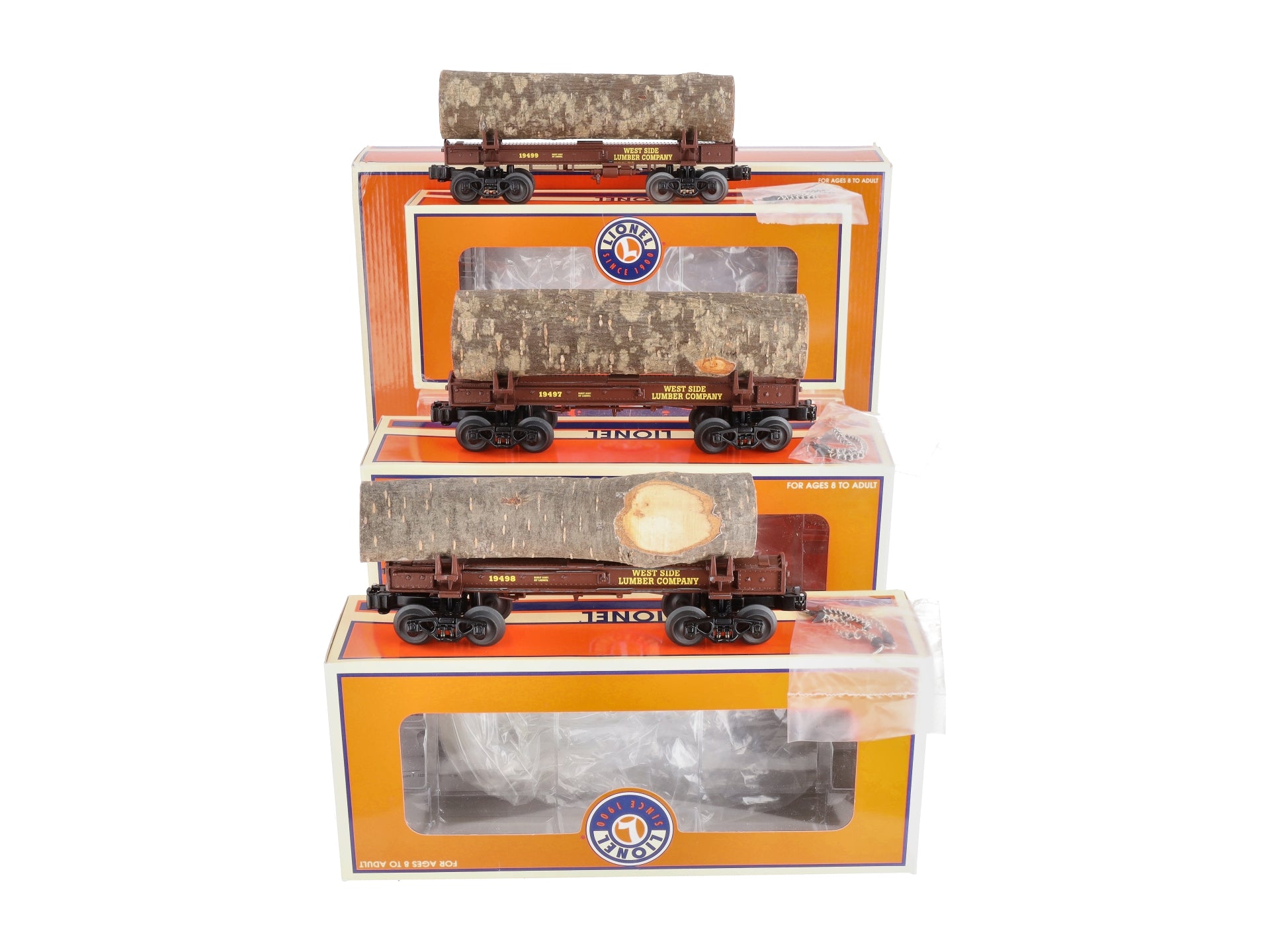 Lionel 6-19496 O West Side Lumber Skeleton Log Car (Set of 3) LN/Box