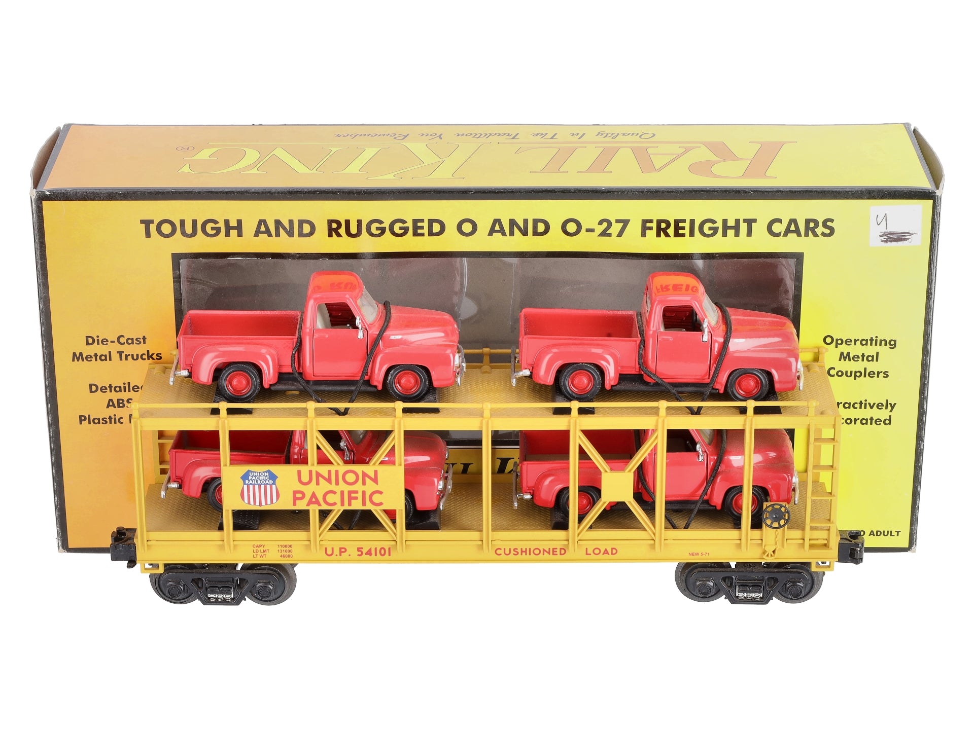 MTH 30-76065 O Union Pacific Auto Carrier Flat Car with ‘53 Ford Pickups #54101 LN/Box