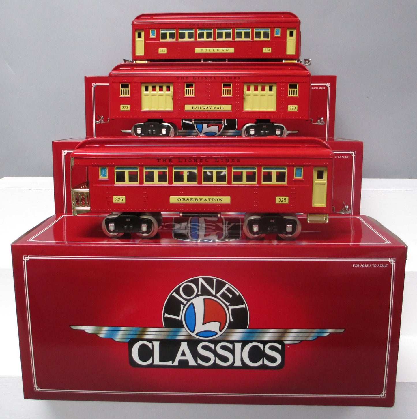 Lionel 6-13402 Standard Red Tinplate Passenger Cars #323, 324, 325 (Pack of 3) LN/Box