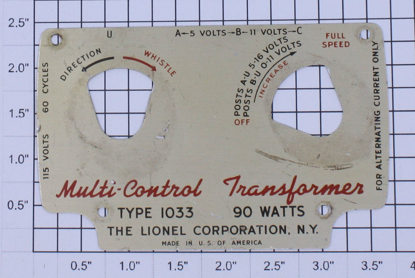 Lionel 1033-25 Transformer Nameplate with Screw Holes