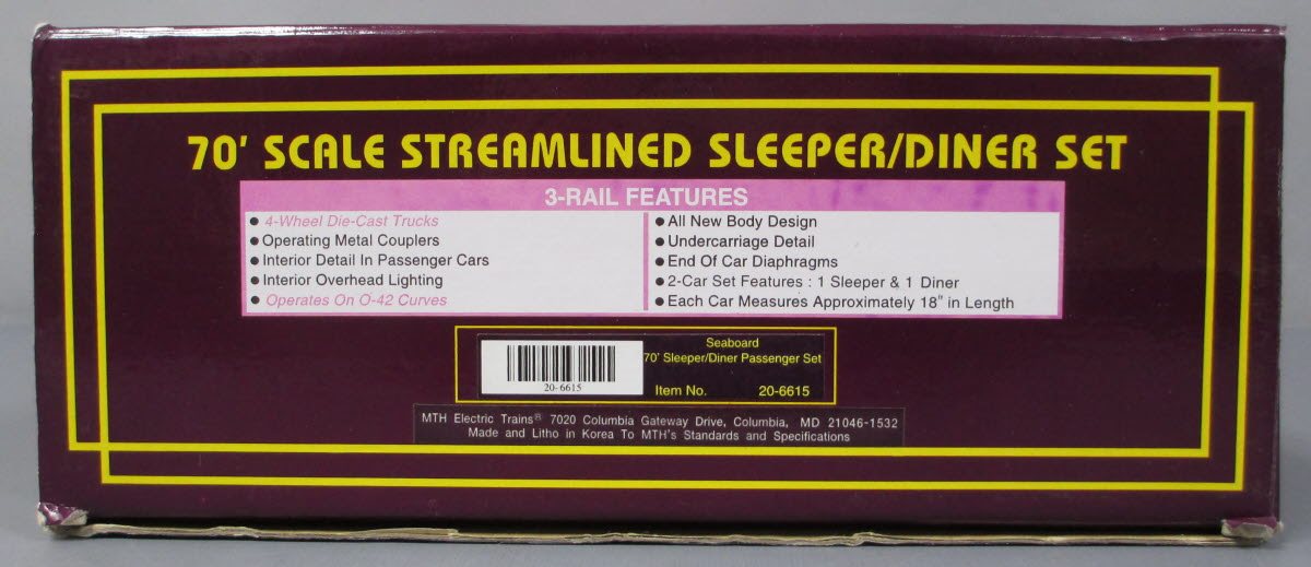 MTH 20-6615 O Seaboard 70' Streamlined Slpr/Diner Passenger Car Set (Set of 2) LN/Box