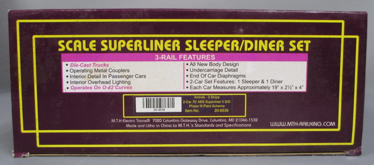 MTH 20-6539 O Amtrak 3 Stripe SuperLiner Slpr/Diner Passenger Car Set (Set of 2) NIB